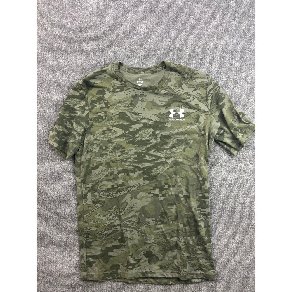 Under Armour T-Shirt Mens Small Green Digital Camo Loose Fit Short Sleeve Logo